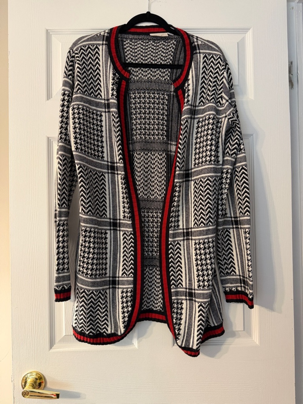 Black & White Patterned Open-Front Sweater Cardigan with Red Trim